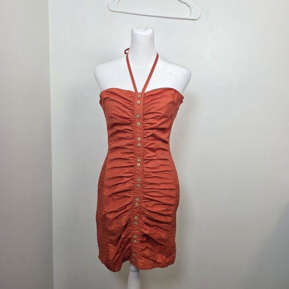 Free People Orange Button Up Scrunch Hold On Halter Mini Dress Size Medium - Picture 3 of 8